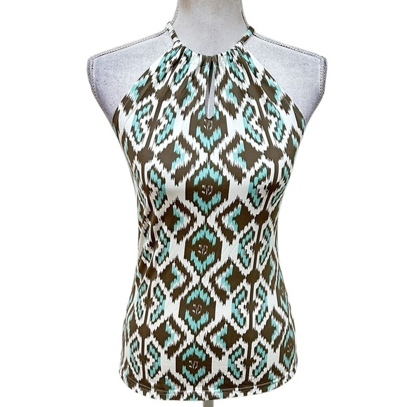 Ellie Kai taupe & aqua diamond  print halter sleeveless stretchy top back tie xs - Picture 1 of 8